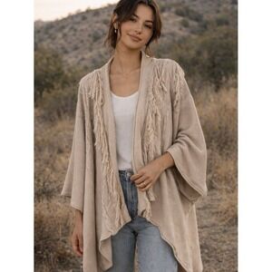 MUAN Beige Fringe Cable Knit Open Front Poncho Cardigan‎ One Size Boho Mexico